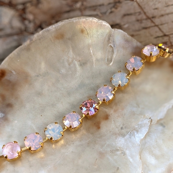 Rose Pink Opal & Pink Opal AB Swarovski Crystal Bracelet In Gold Plated - Picture 4 of 5